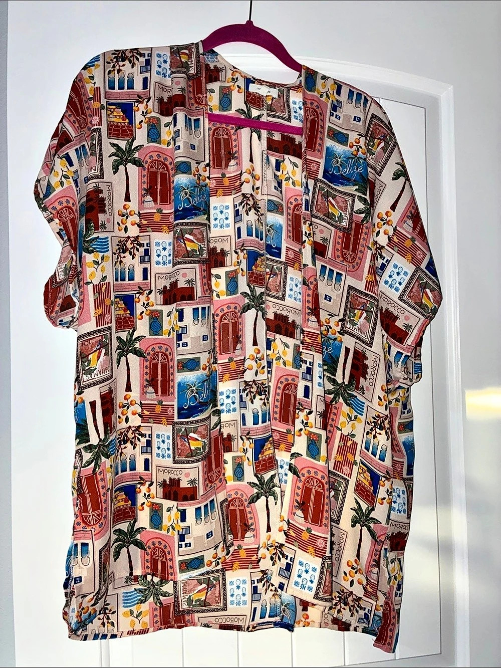 maurices Postcard Print Kimono Multicolor & Pink Blouse